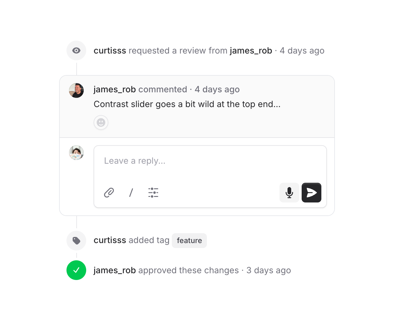 Timeline with an embedded comment thread block between regular timeline items