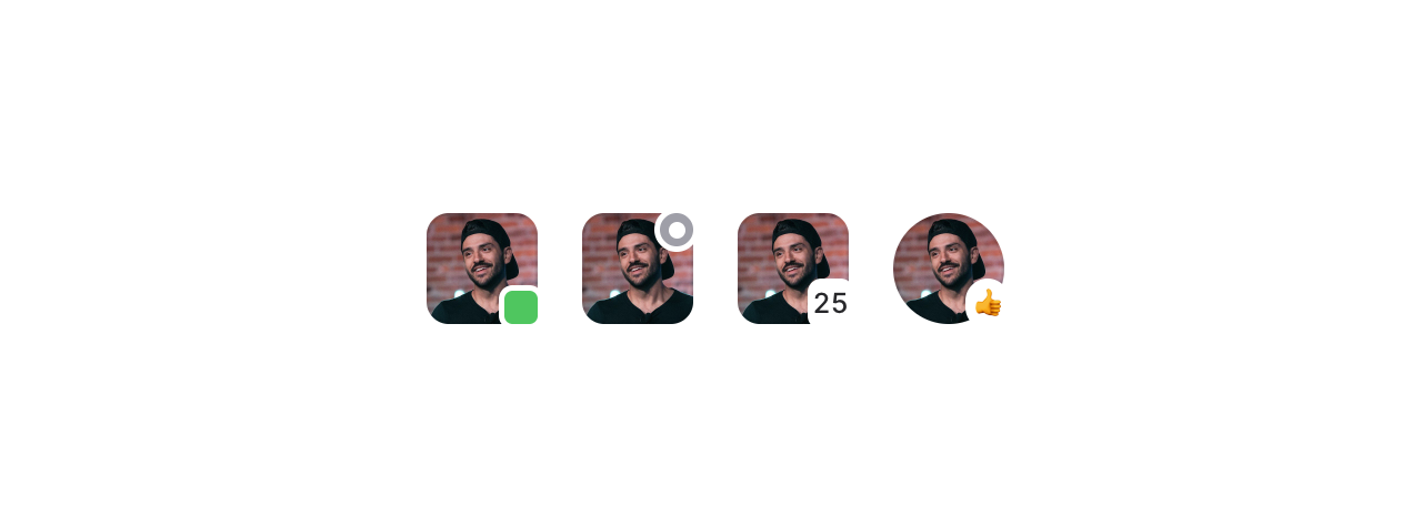 A series of different avatar components with different badges