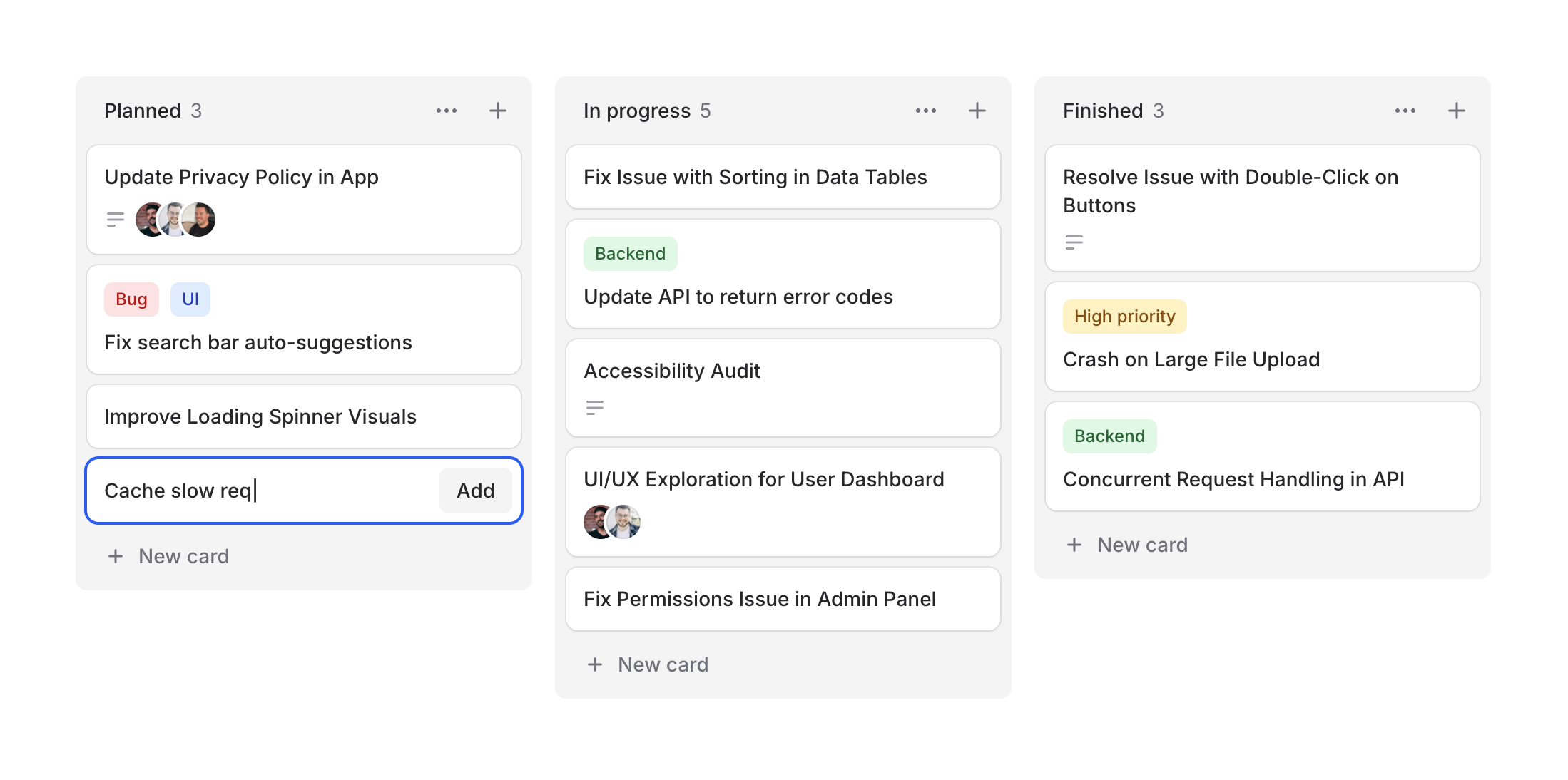 Kanban board with multiple columns showing workflow stages