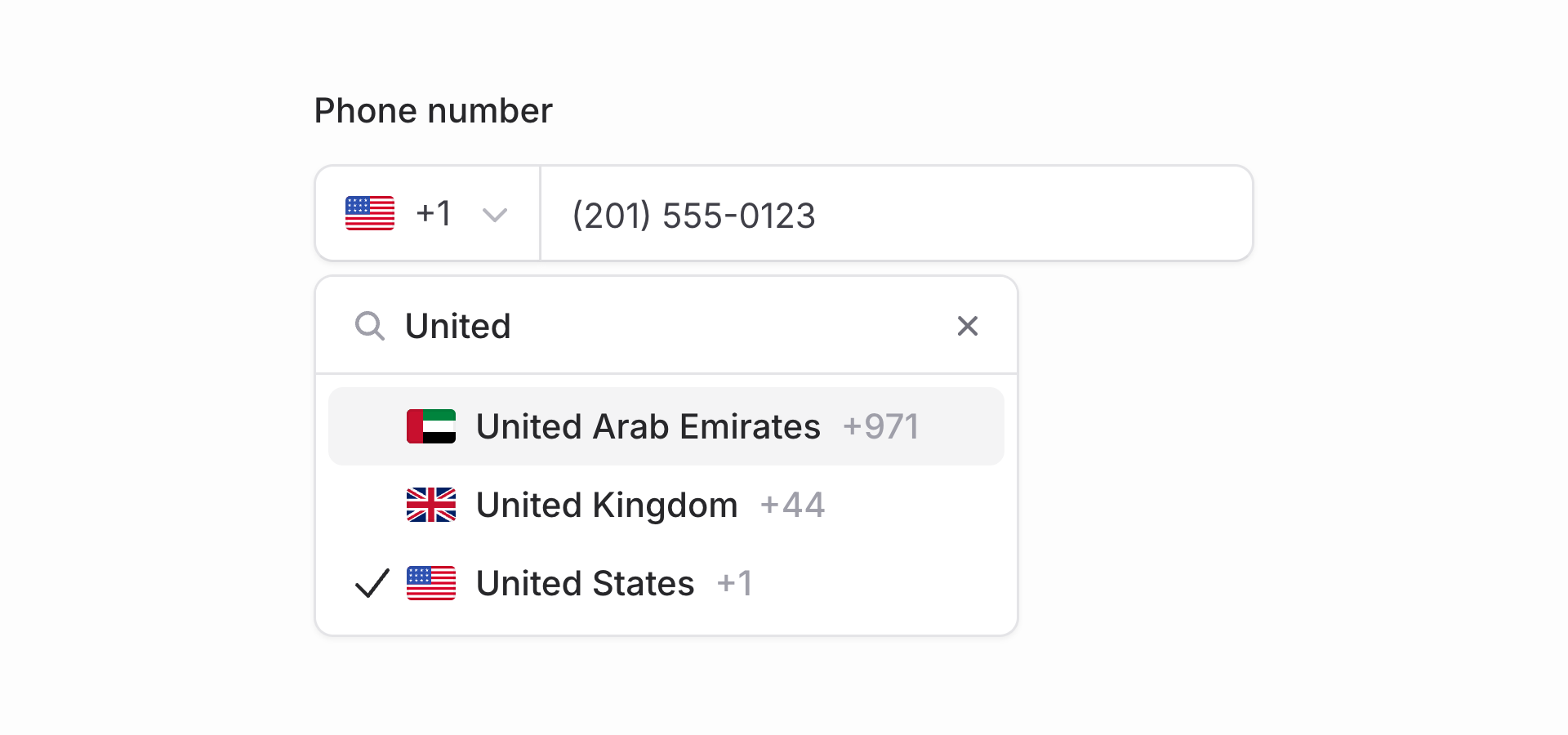 Flux phone input with its searchable country picker open